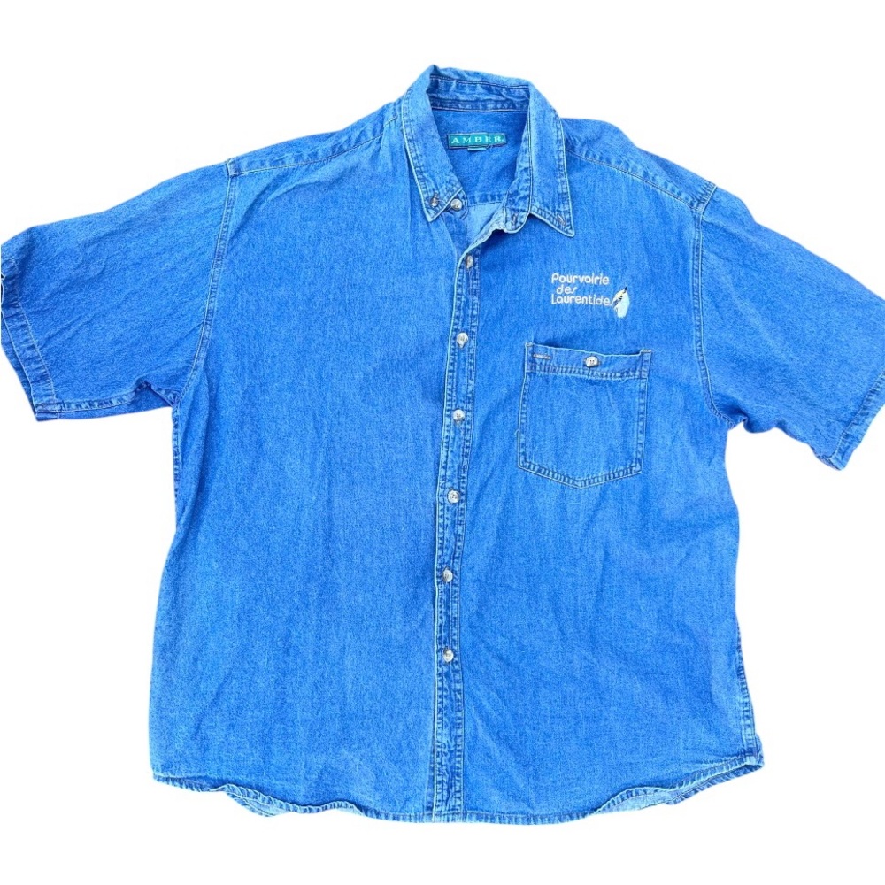 VTG French Canadian Fishing Embroidered Denim Button Up Shirt Women’s Size XL